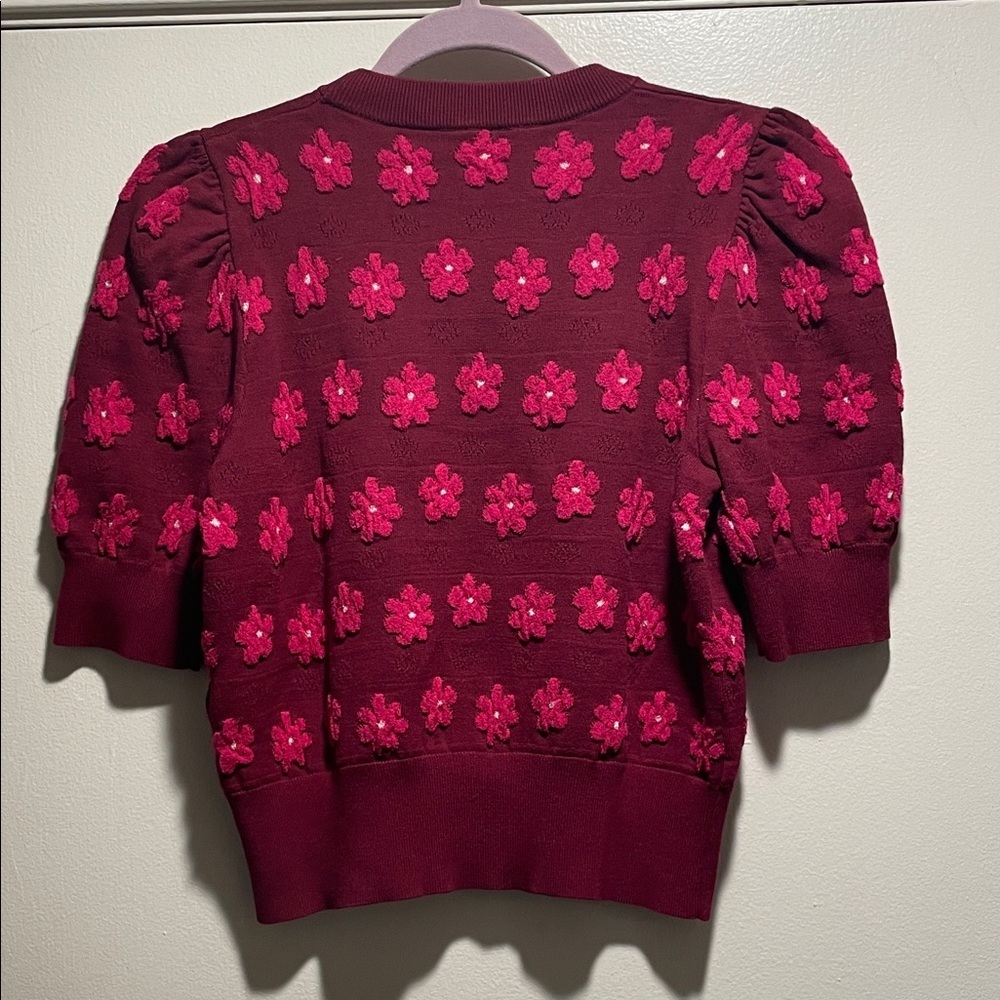 Kate Spade NY Mainline Marker Maroon with Pink Floral Puff Design Sweater - Picture 8 of 11